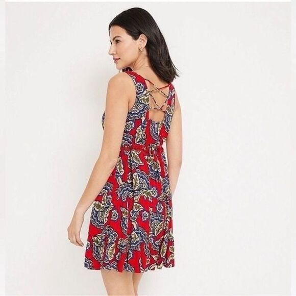 Maurices  Skater Dress Red Floral Ruffle Hem Lattice Back Size Small Boho - Picture 3 of 9